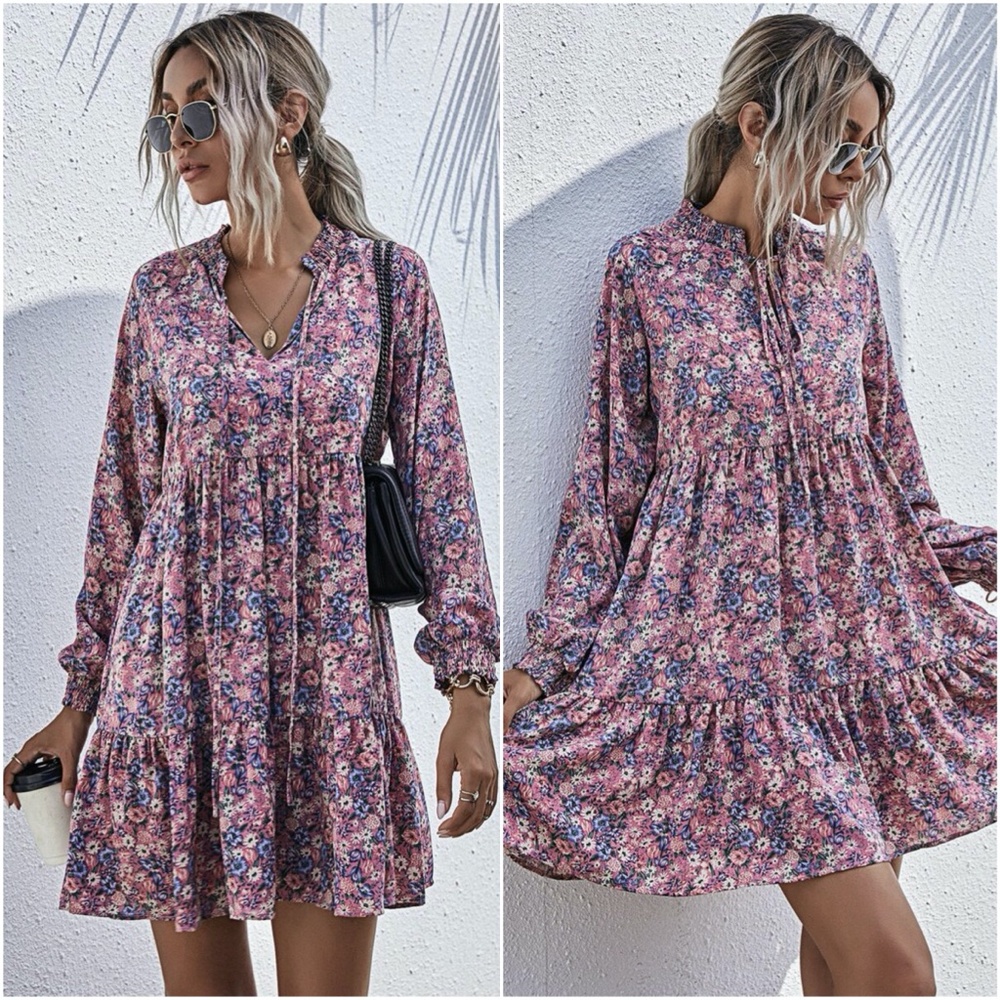 Boho floral print long sleeve v neck ruffle dress - Picture 3 of 9